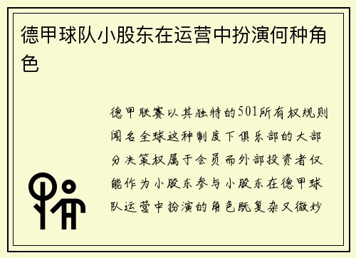 德甲球队小股东在运营中扮演何种角色